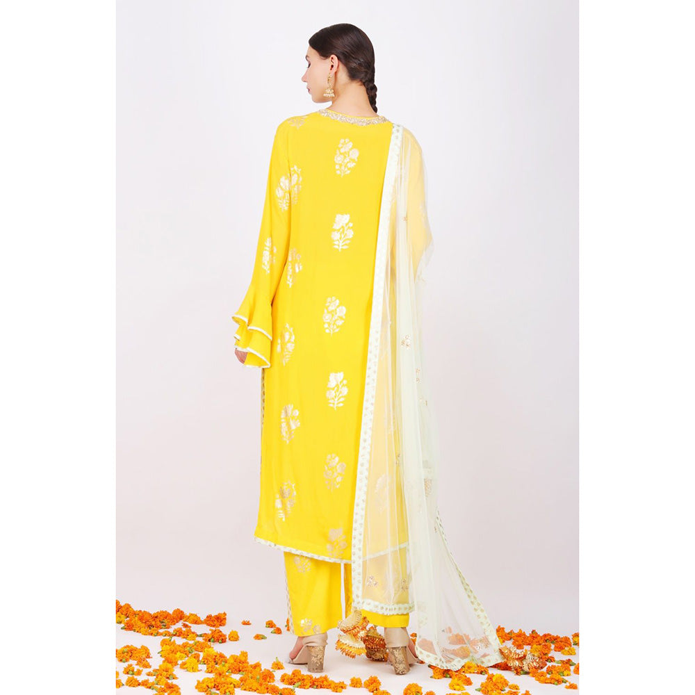 Nikasha Yellow Rani Kurta With Sharara and Pink Foil Dupatta - Set of 3