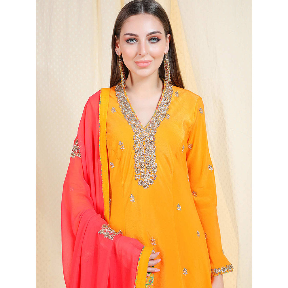Nikasha Orange Embellished Long Sleeves Kurta And Churidar With Dupatta (Set of 3)