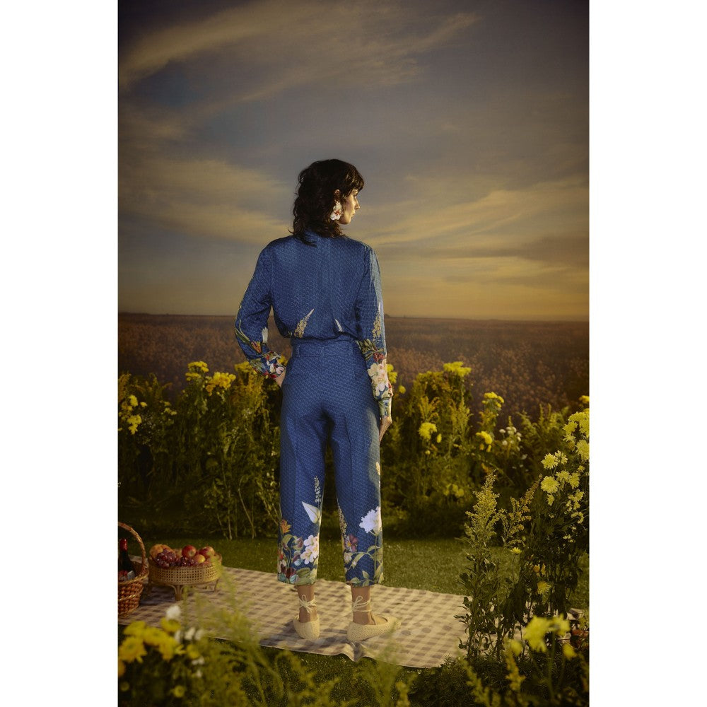 Nirmooha Blue Floral Fusion Ensemble Shirt and Pant with Belt
