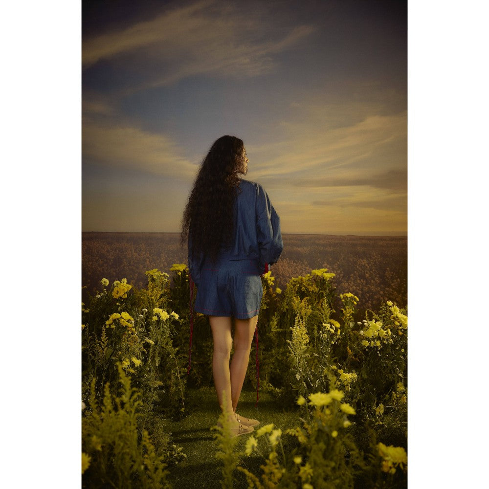 Nirmooha Blue Embroidered Essence Duo Shirt and Shorts
