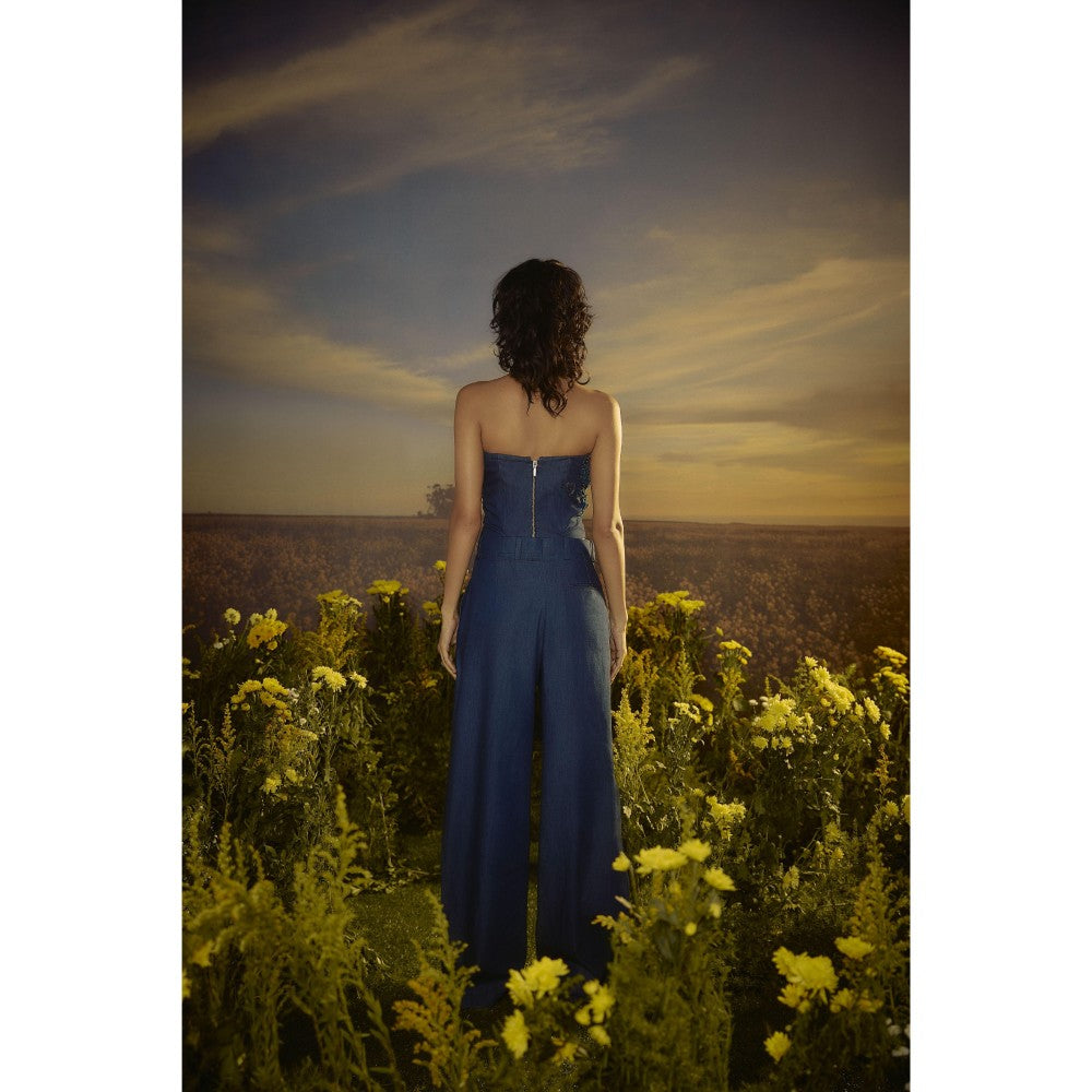 Nirmooha Blue Floral Embroidery Denim Ensemble Corset and Pant with Belt