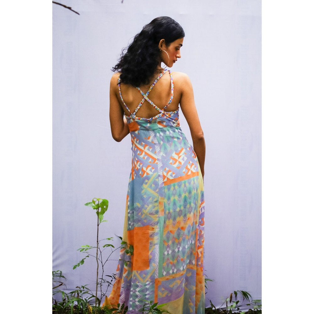 Nirmooha Blue Geo Printed Embroidered Sequin Straps Drape Maxi Dress