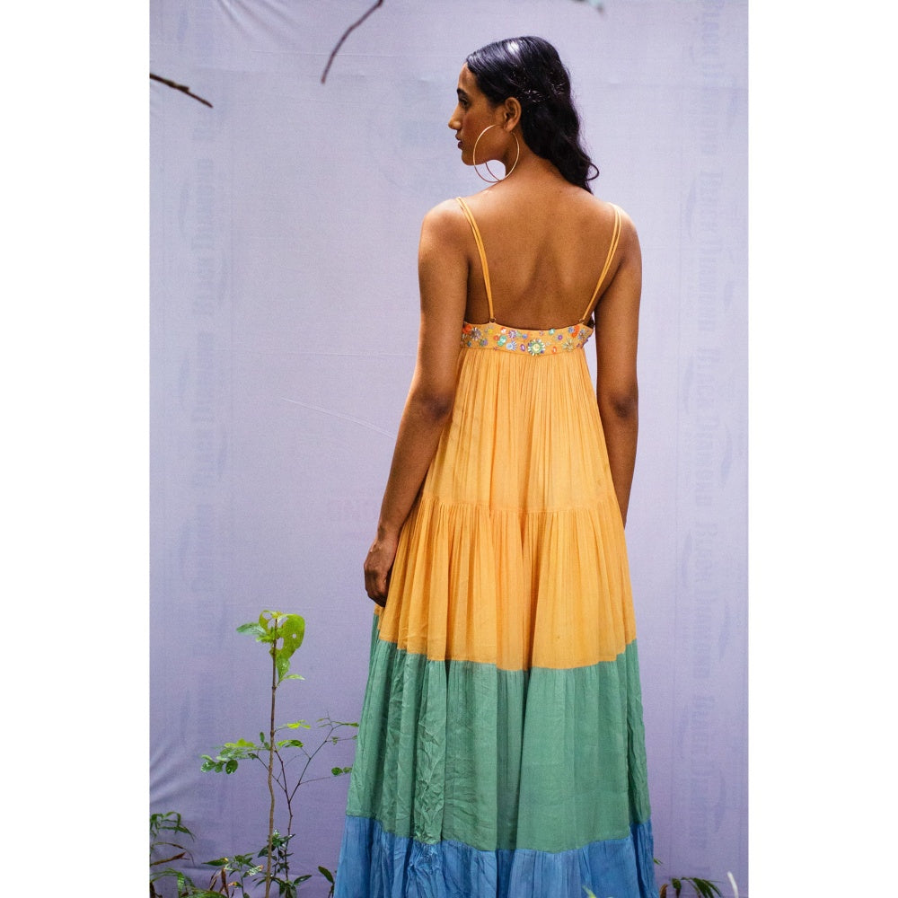 Nirmooha Yellow Colour Blocked Tiered Embellished Maxi Dress