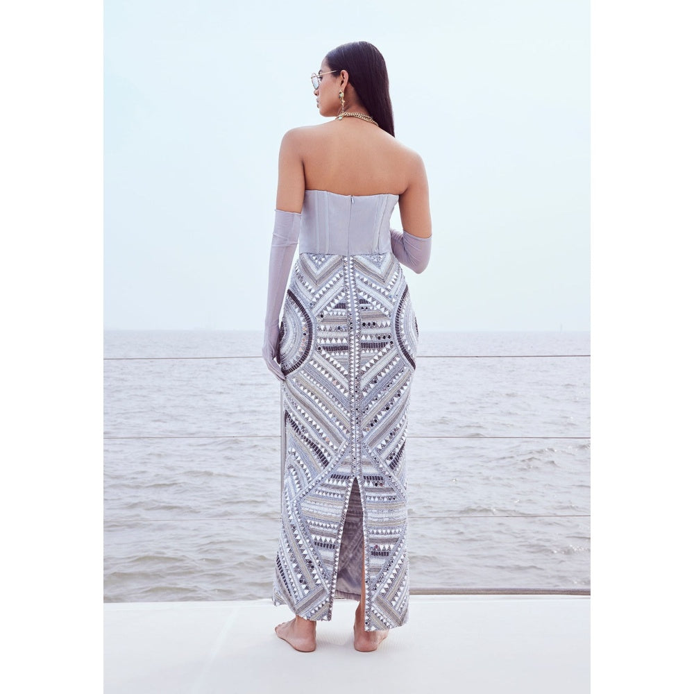 Nirmooha Grey Hand Embroidered Mirror Work Dress with Gloves