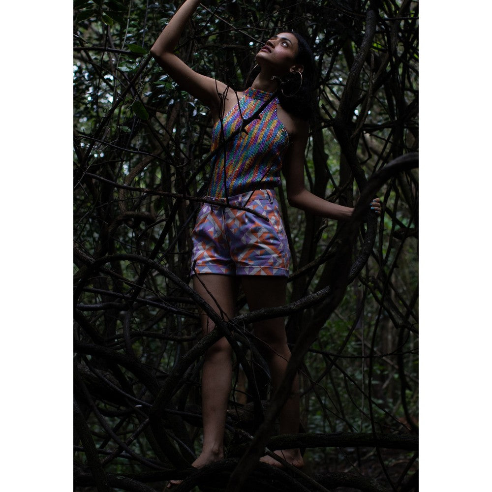Nirmooha Purple Geometric Print Denim Shorts