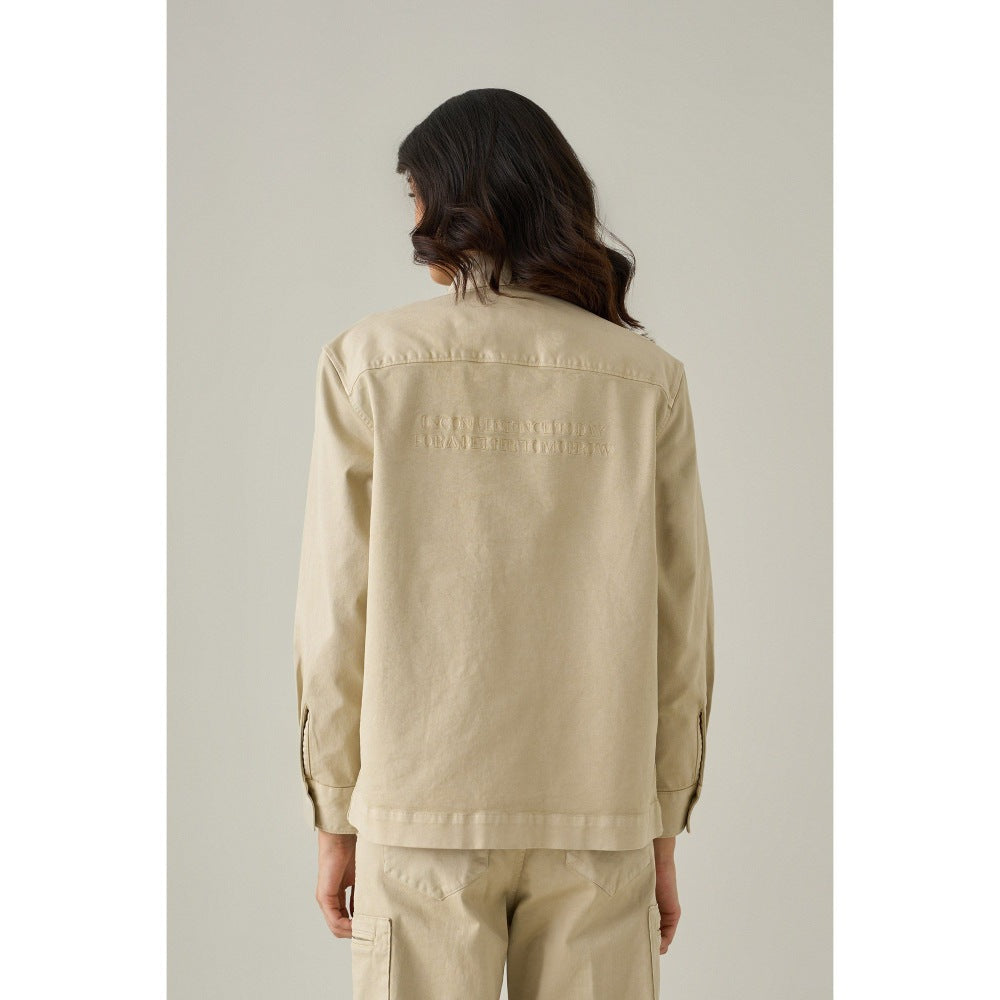 No Grey Area Beige Twill Utilitarian Denim Jacket