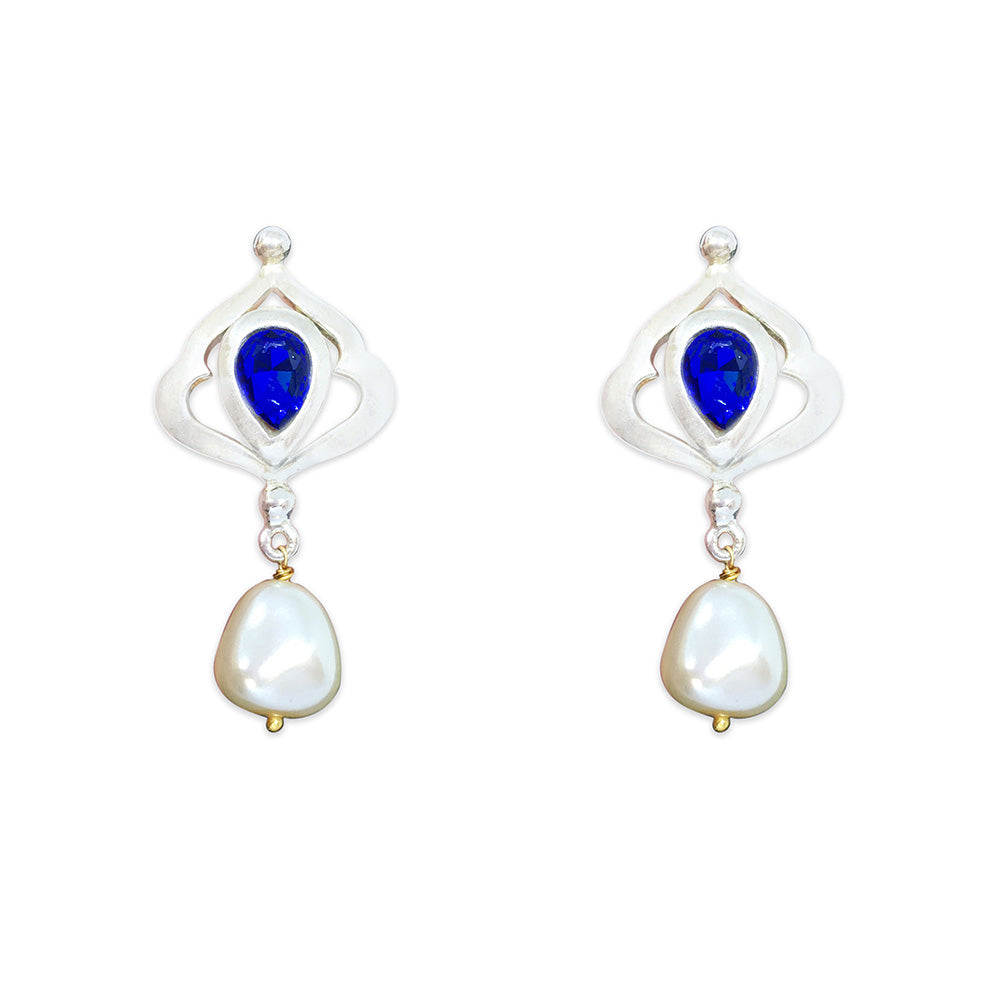 ORNAMAAS Silver Plated Persian Blue Mughal Mukkut Earring