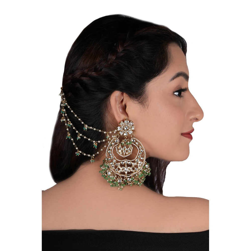 RIANA JEWELLERY White Jadtar Stone Big Chand Baalis With Light Green Beads