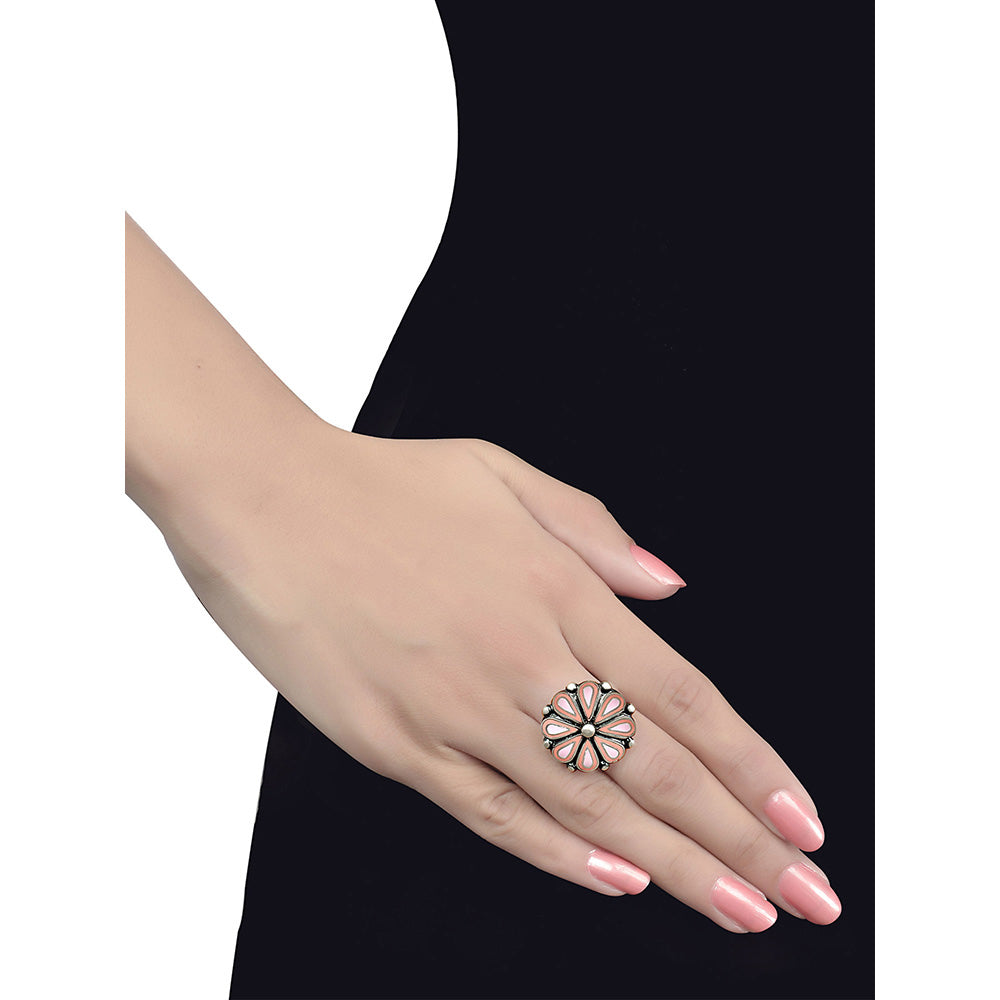 Tribe Amrapali Pink Enamel Chandrika Flower Ring