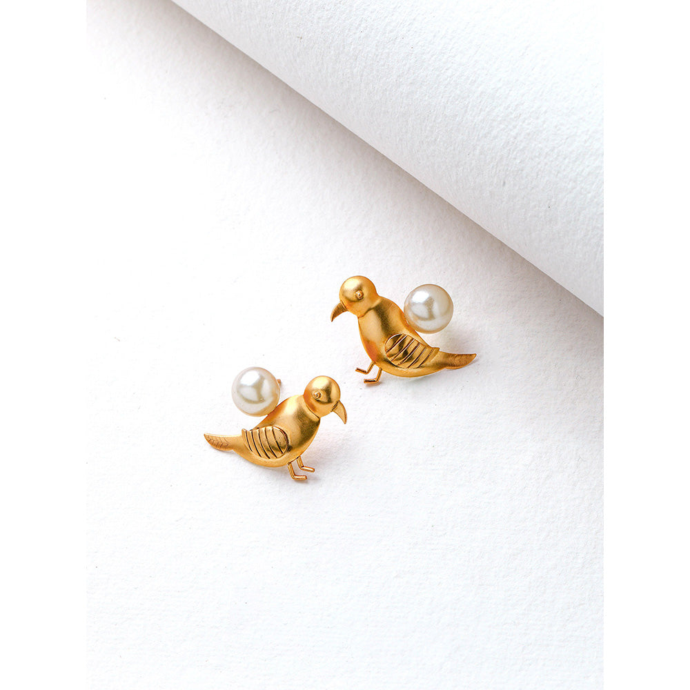 Suhani Pittie Gold Toned Stud Earrings With Bird And Pearl Detail