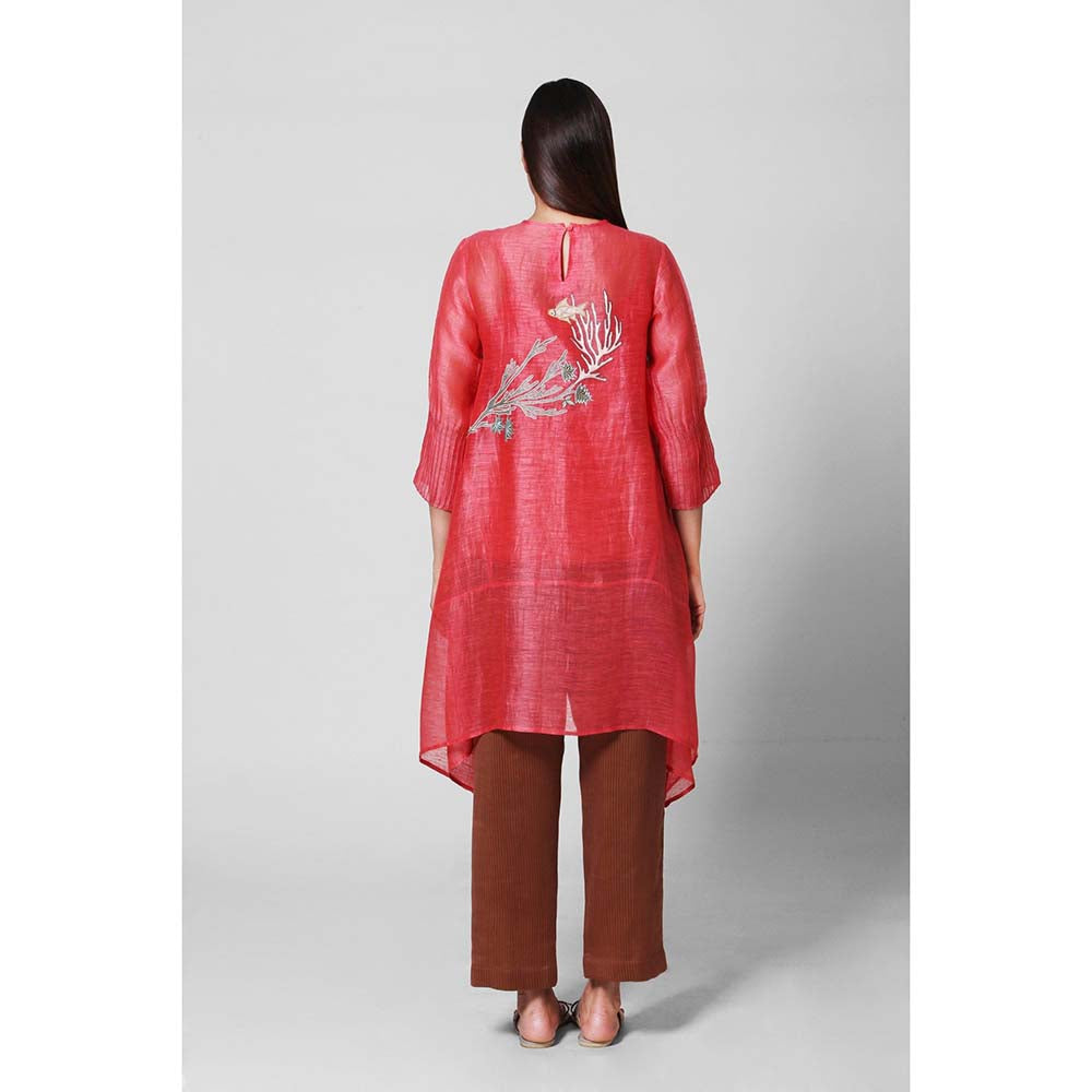 OJA Red Blossom Silk Kurta and Pant with Inner (Set of 3)