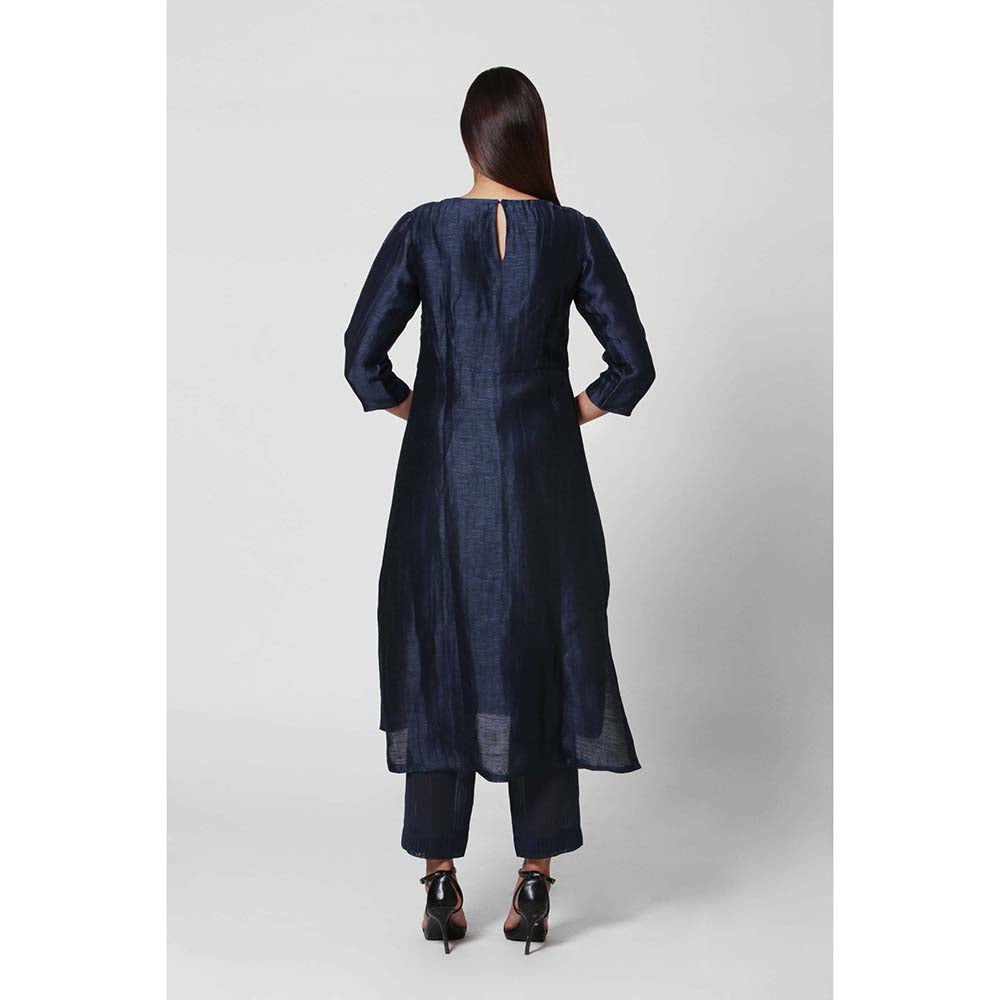 OJA Blossom Navy Blue Linen Kurta and Trouser (Set of 2)