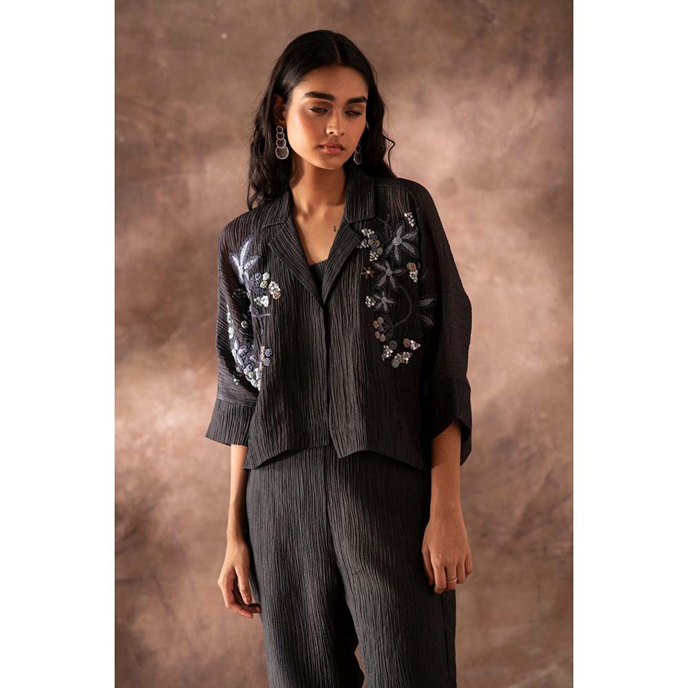 OJA Black Crop Jacket with Inner and Pant (Set of 3)