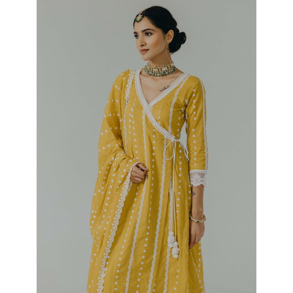 Old Marigold Amara Yellow Cotton Embroidered Angarkha Kurta With Pant (Set of 2)