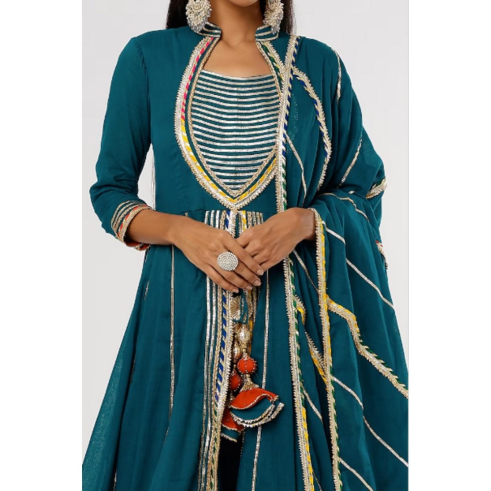 OMAANA Women Mulmul Teal Kurta with Sharara and Dupatta