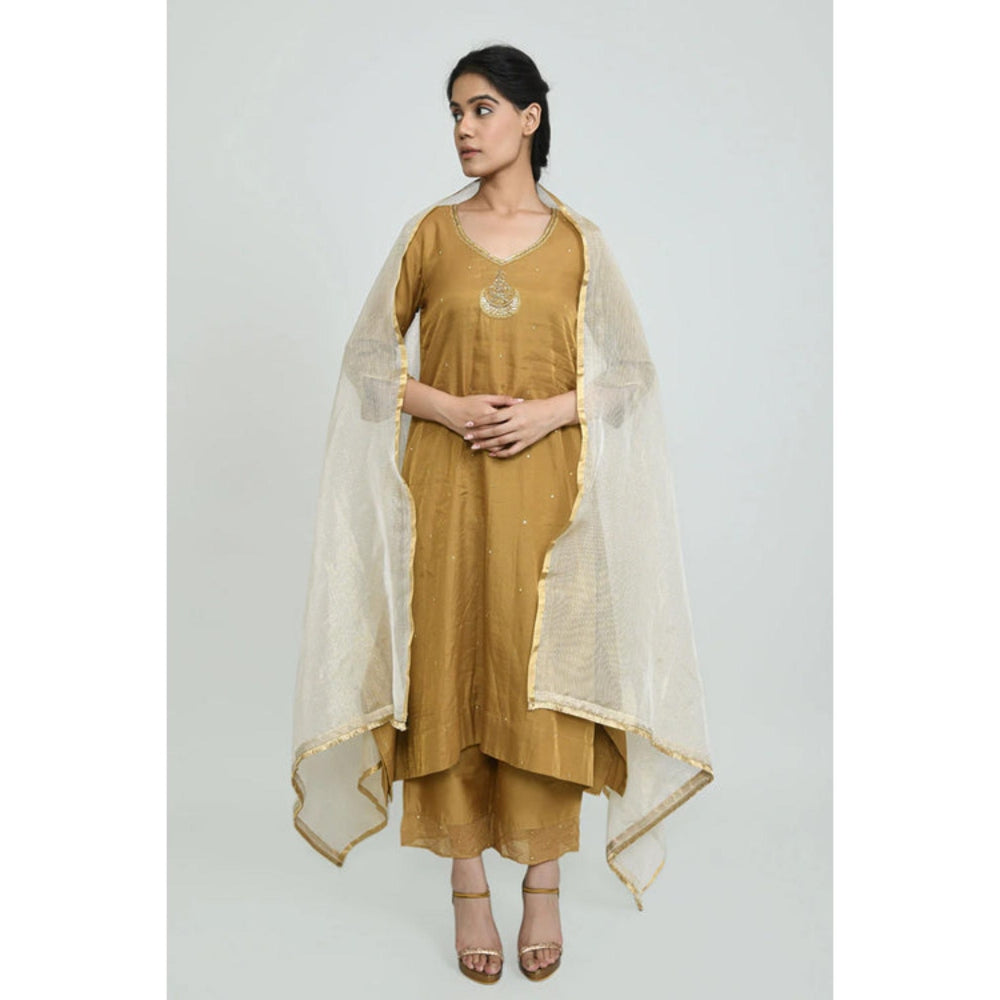 OMAANA Women Silk Mustard Kurta with Pant and Dupatta