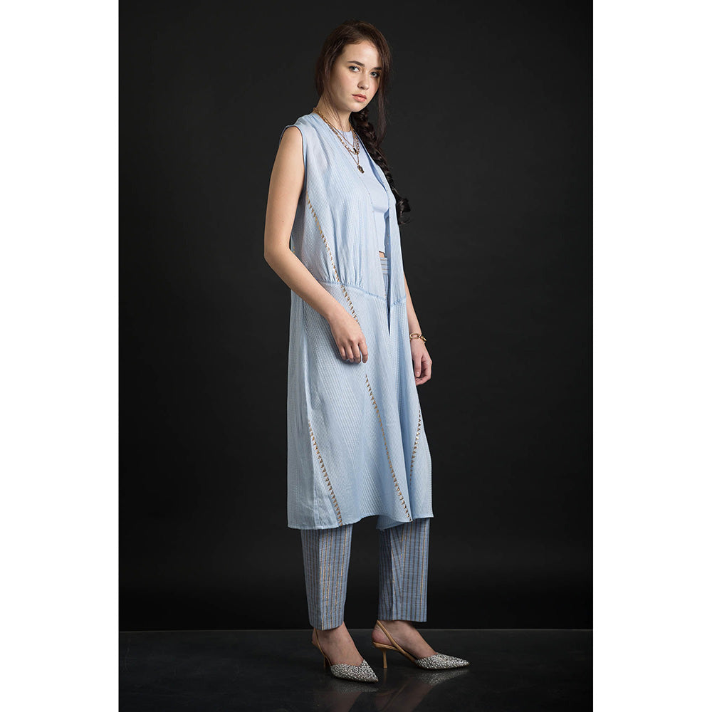 ORCR Long Embroidered Sleeveless Blue Jacket with Pant (Set of 2)