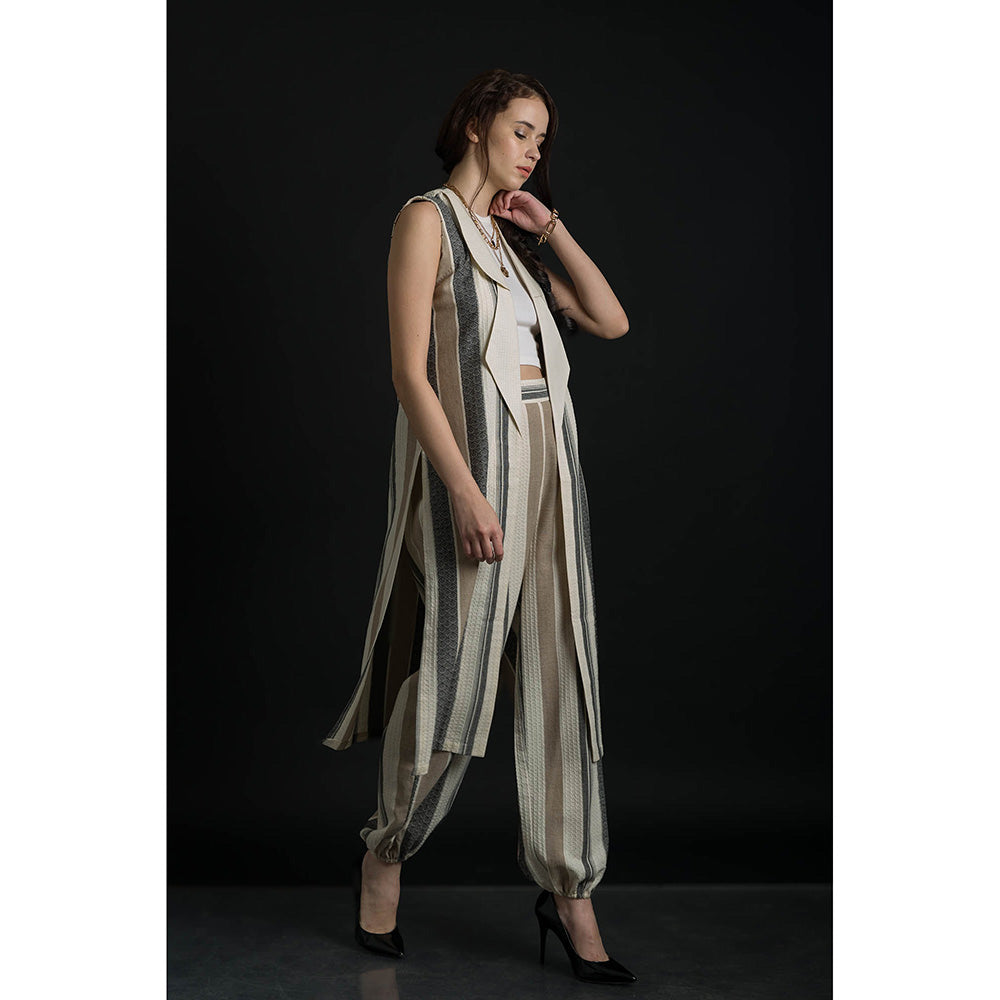 ORCR Double Stripes Sleeveless Beige Jacket with Pant (Set of 2)