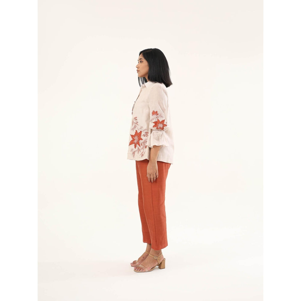 ORIGANI Beige and Rust Jasmine Floral Embroidered Shirt with Pant (Set of 2)