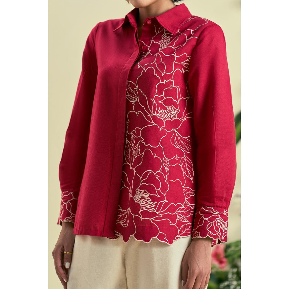 ORIGANI Women Red Embroidered Regular Fit Co-Ord (Set of 2)
