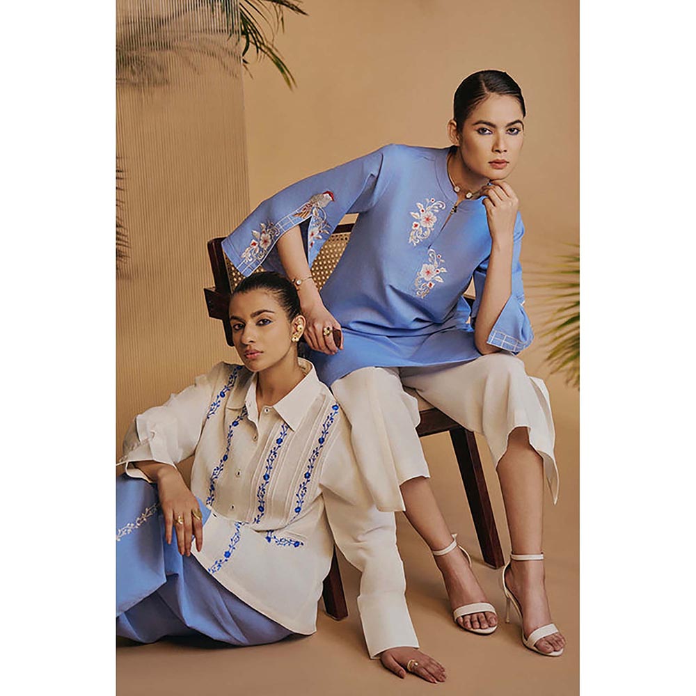 ORIGANI Blue Origani Linen Blend Mandarin Neck Embroidered Co-Ord Set
