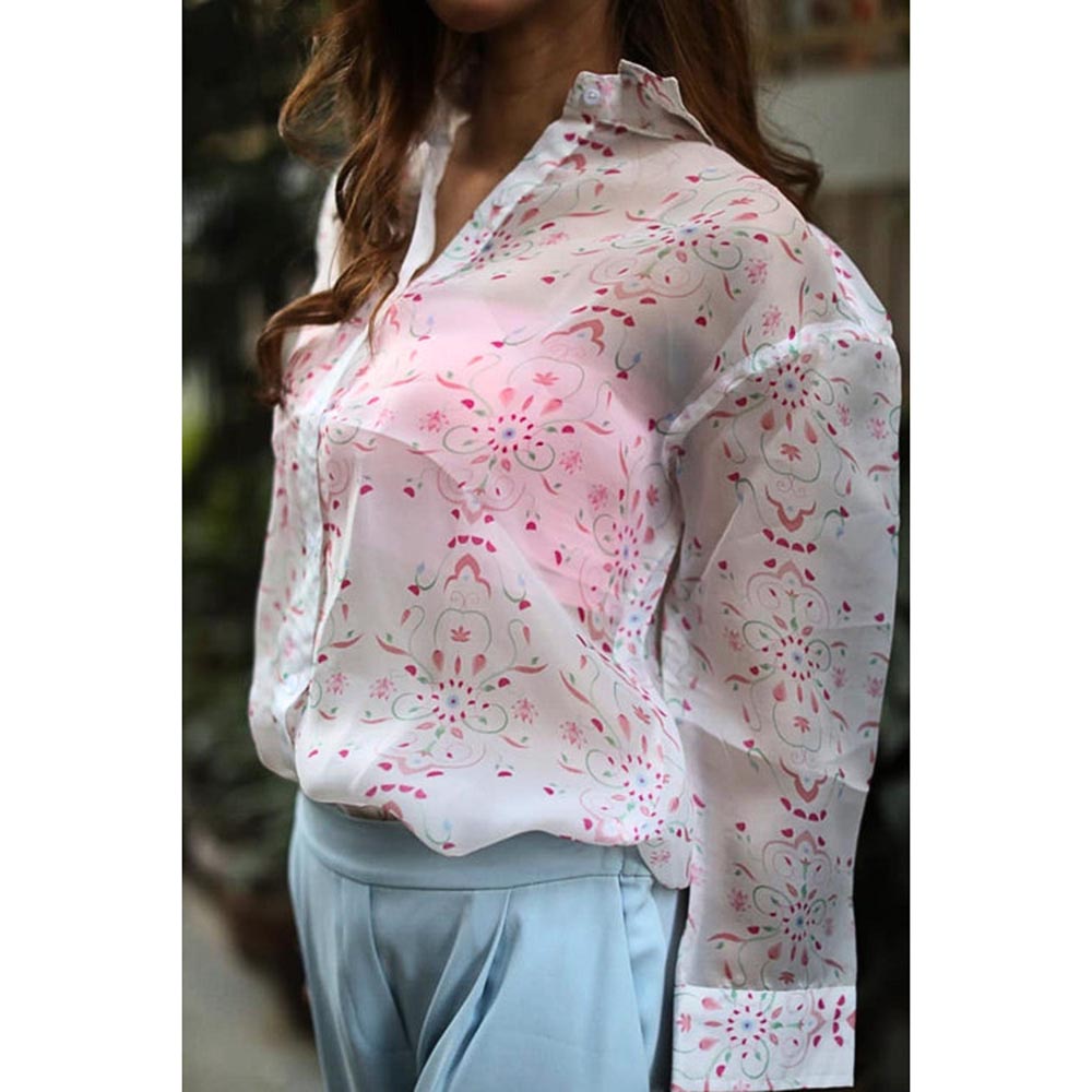 ORNAMAAS Sukoon Kamal White Organza Printed Shirt