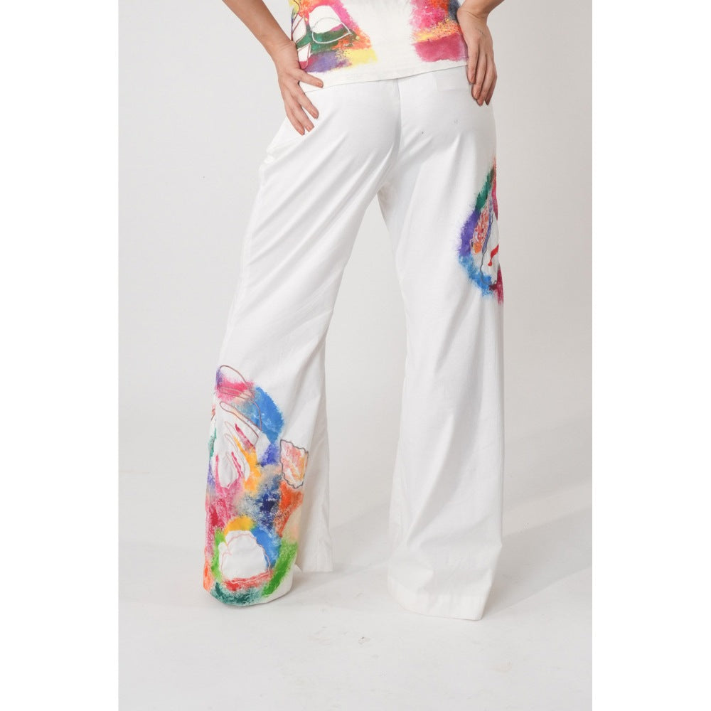 Orthodox White High-Waisted Flared Trousers with Hand-Painted Abstract Print
