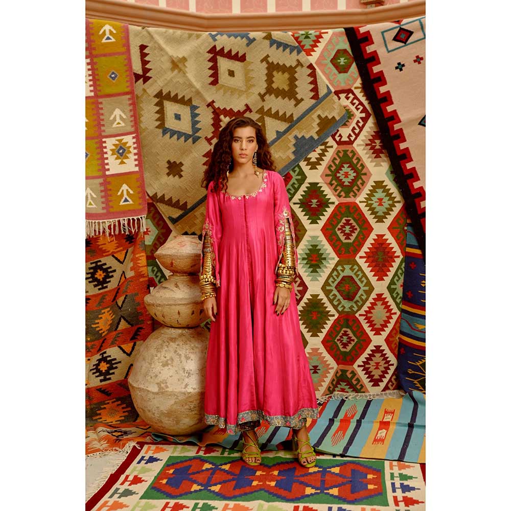 PALLAVI JAIPUR Hot Pink Slit Sleeve Anarkali with Hot Pink Dupatta and Pant (Set of 3)