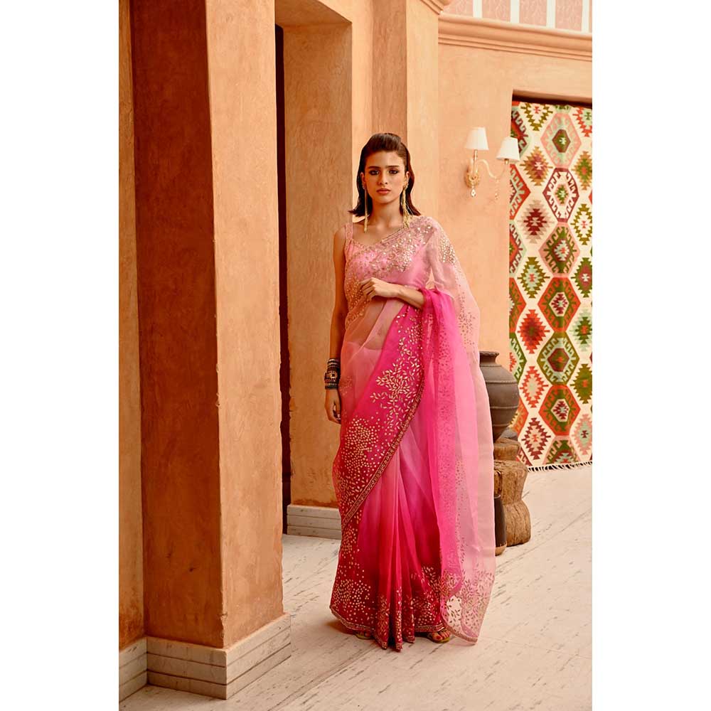 PALLAVI JAIPUR Rose Pink Ombre Saree and Stitched Blouse