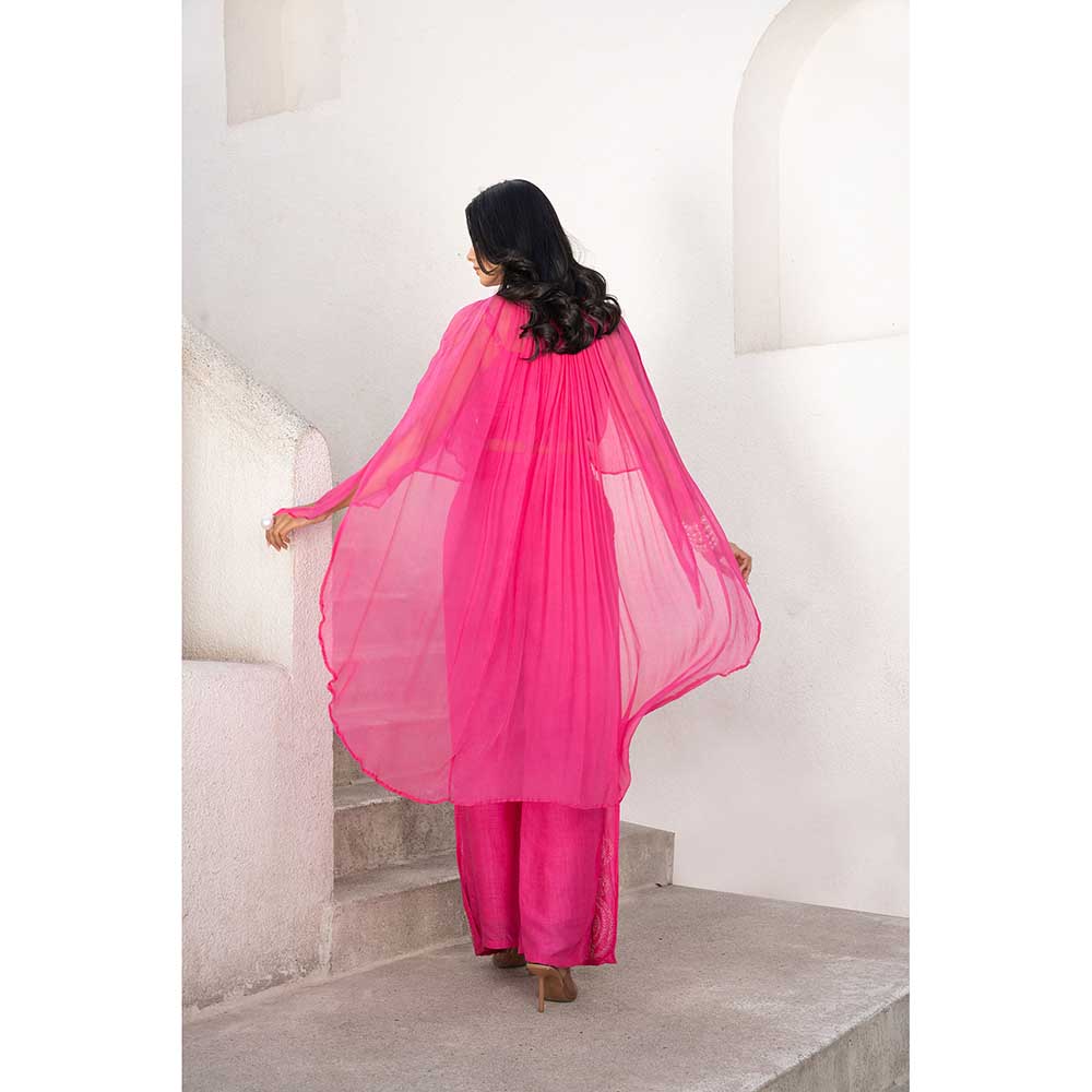 PALLAVI JAIPUR Gulbahar Hot Pink Baandee Crop Top With Flutter Pant & Jacket (Set of 3)