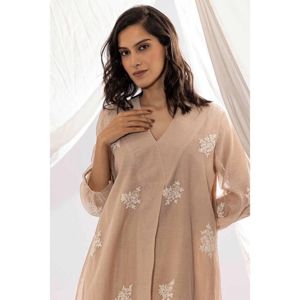 PANTS AND PAJAMAS Ivory Printed Chanderi Mull Kurta with Pant & Dupatta (Set of 3)