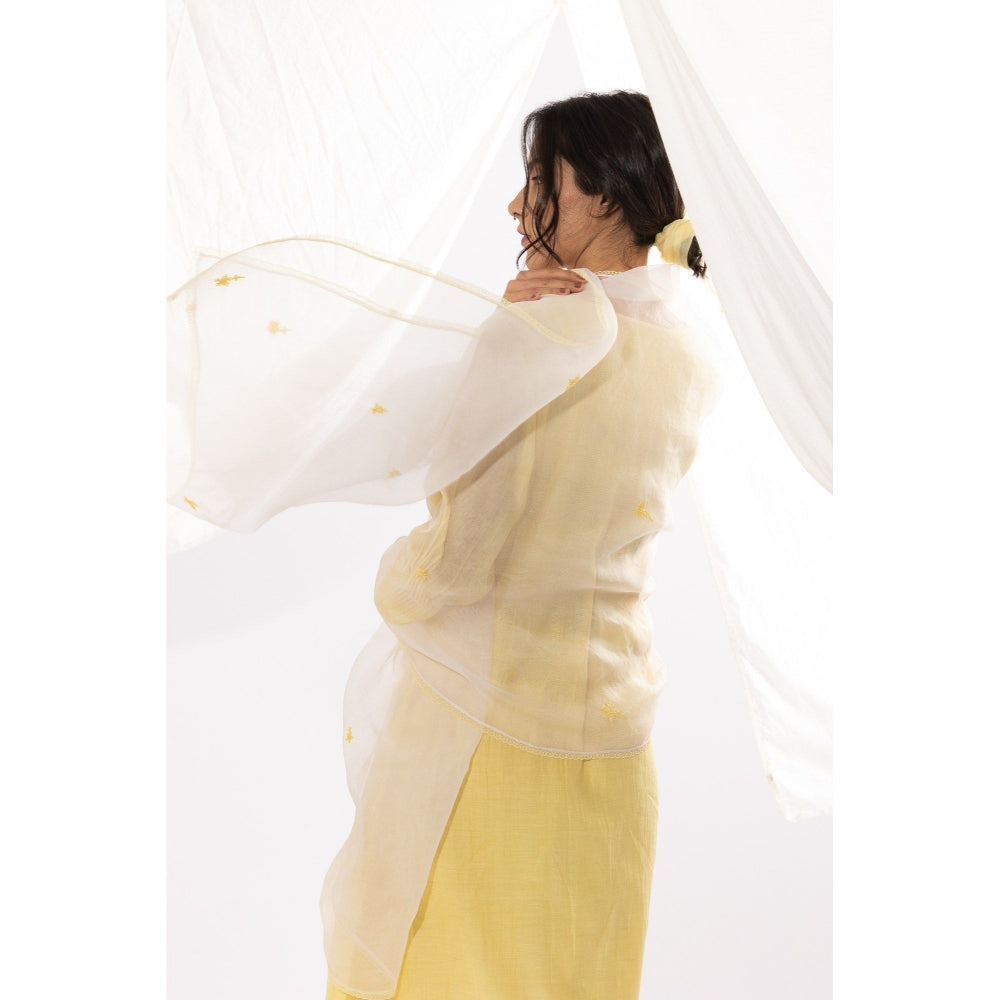 PANTS AND PAJAMAS Light Yellow Chanderi Mull Chikan Kurta with Pant & Dupatta (Set of 3)