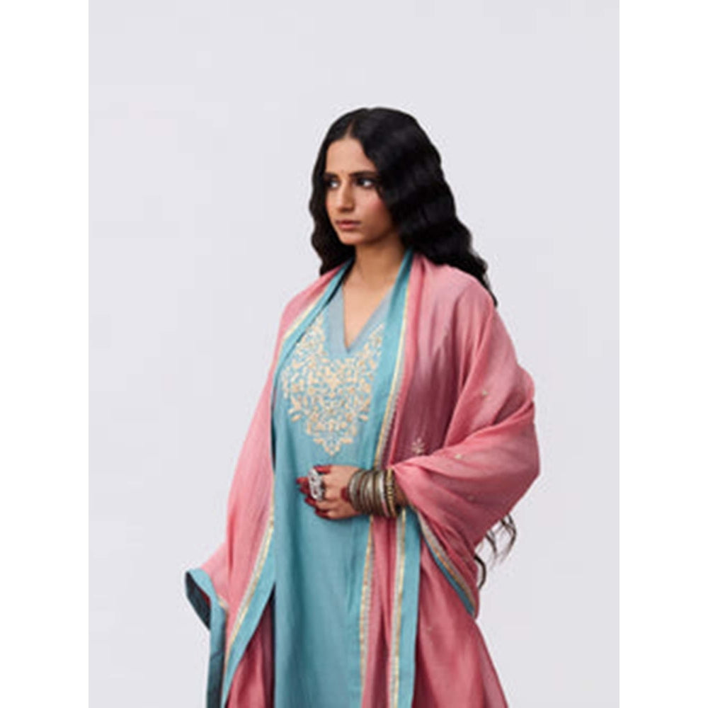 Pant AND PAJAMAS Women Cotton Silk Blue Kurta with Pant