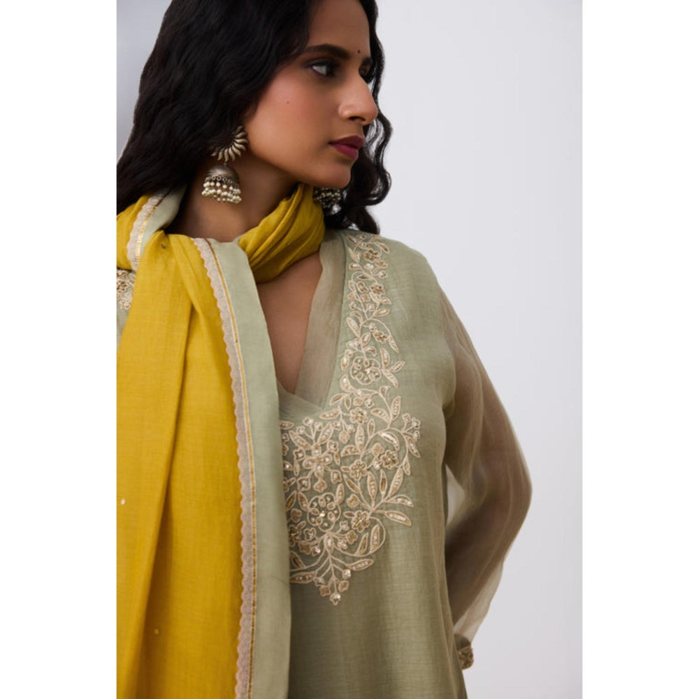 Pant AND PAJAMAS Women Cotton Silk Green Kurta with Pant and Dupatta