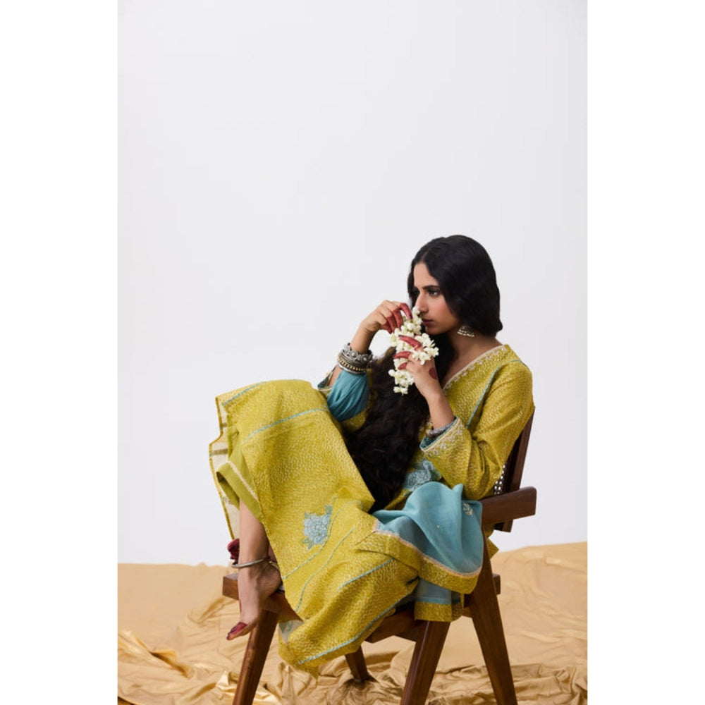 Pant AND PAJAMAS Women Cotton Silk Green Kurta with Pant and Dupatta