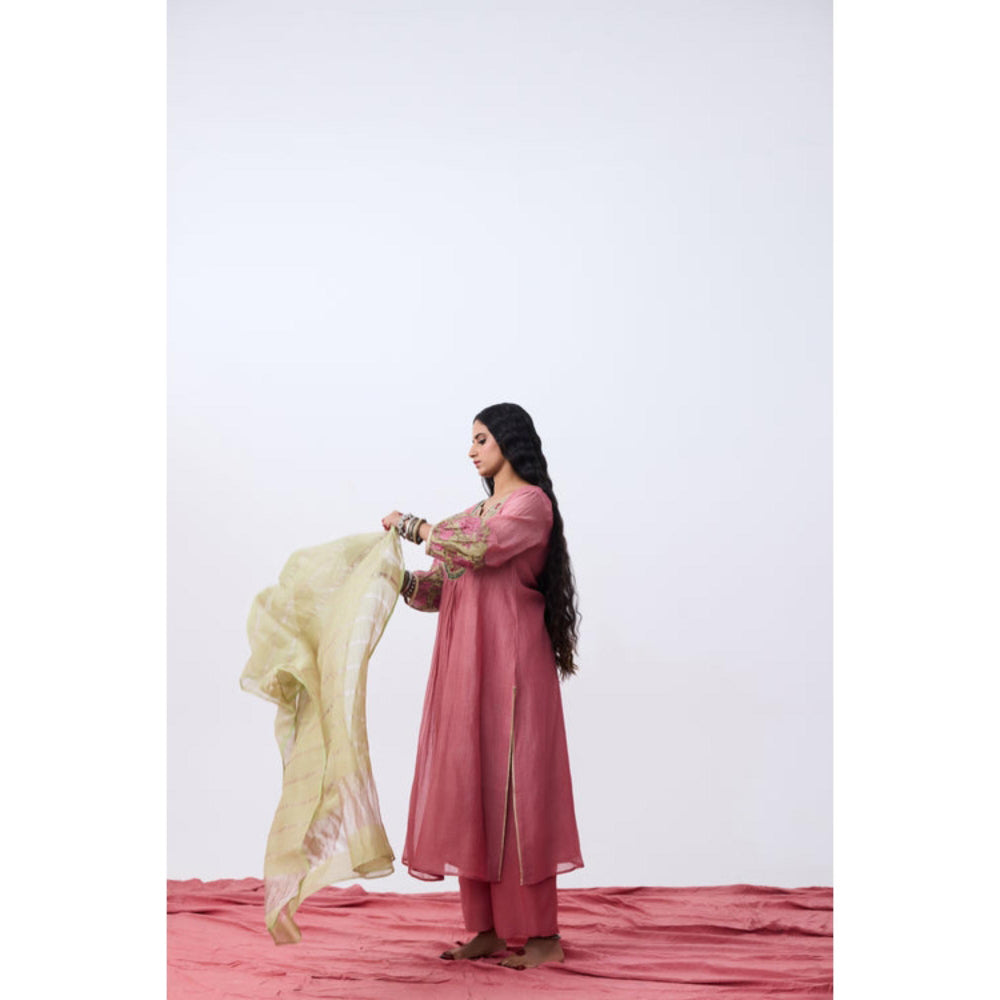 Pant AND PAJAMAS Women Cotton Silk Pink Kurta with Pant