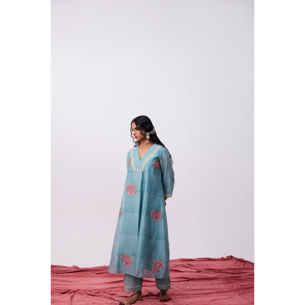 PANTS AND PAJAMAS Aavirbhav Blue V Neck Printed Kurta