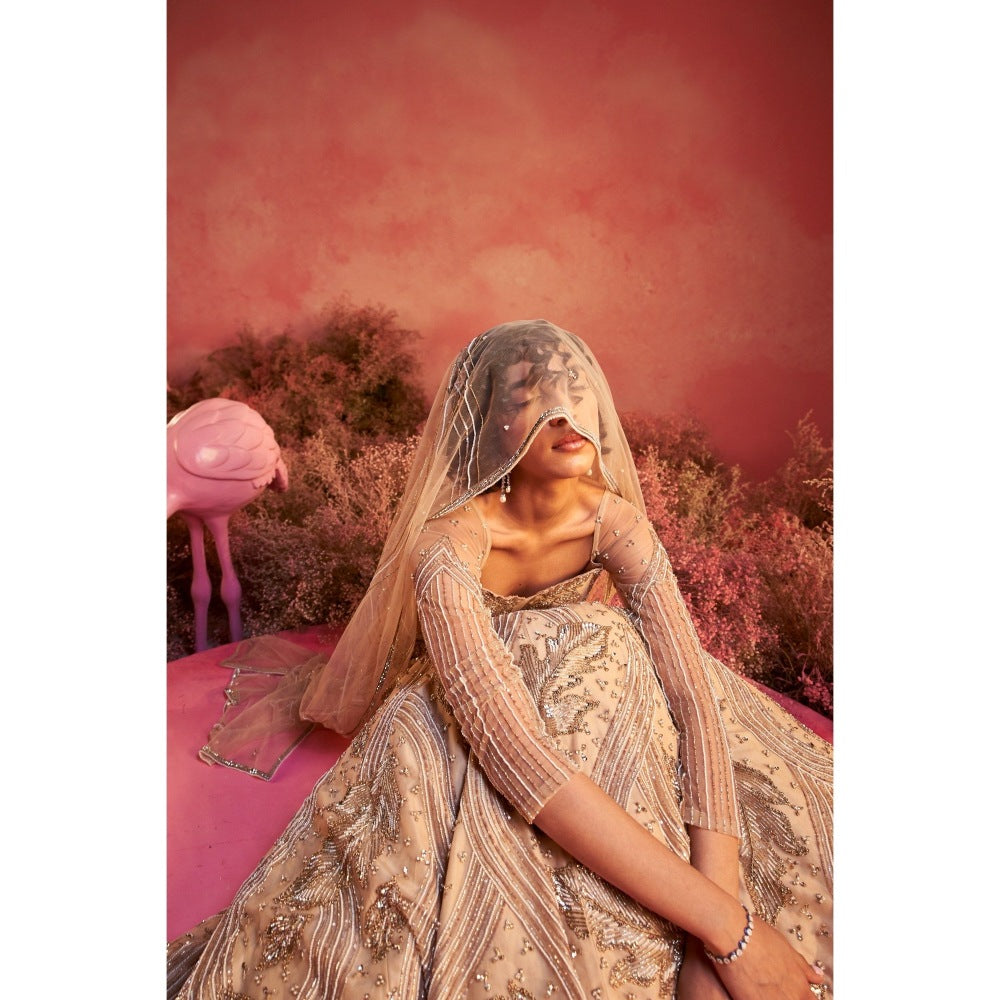 PARUL GANDHI Leaf Nude Blouse with Lehenga & Dupatta (Set of 3)