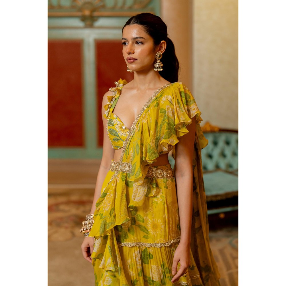 Paulmi & Harsh Yellow Printed Pre Drape Saree with Stitched Blouse
