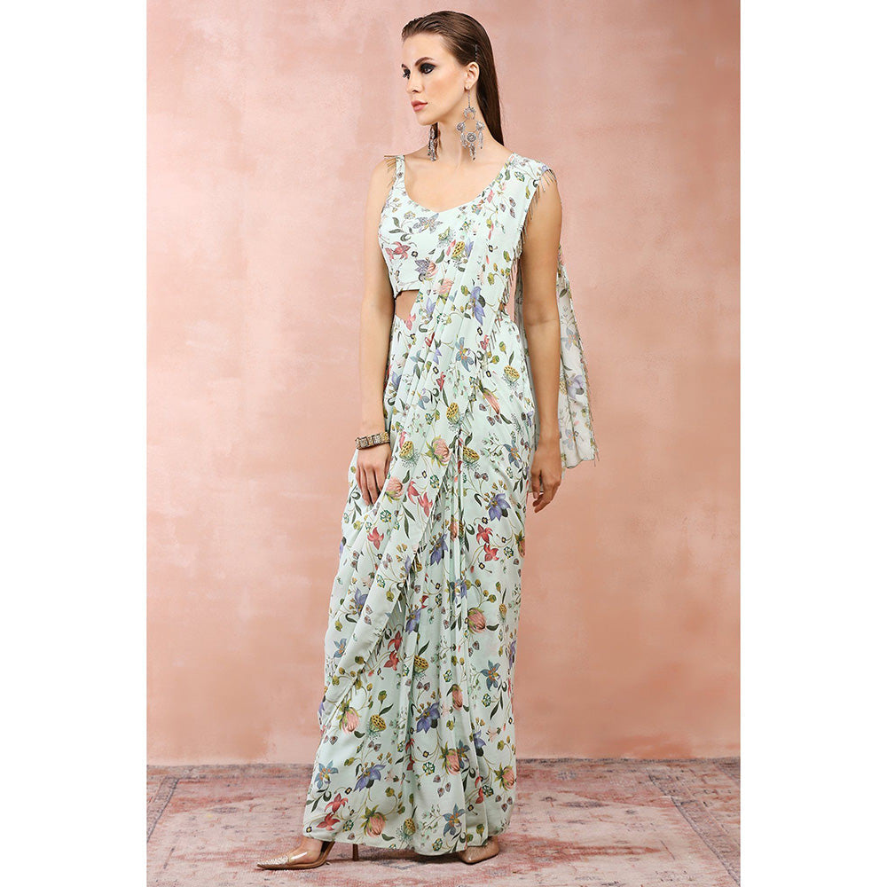 Payal Singhal Mint Nargis Print Pre-Stitched Saree with Stitched Embellished Choli