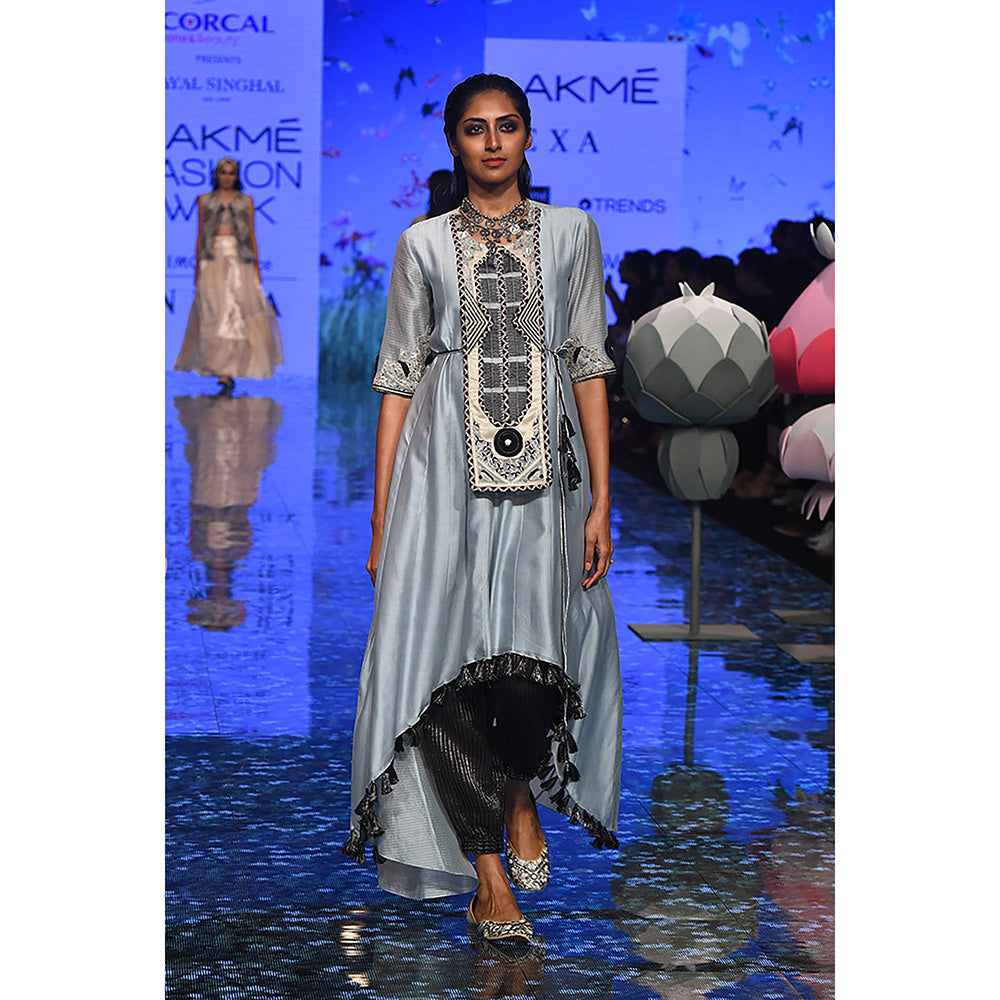 Payal Singhal Blue Embroidered High Low Kurta with Pant (Set of 2)