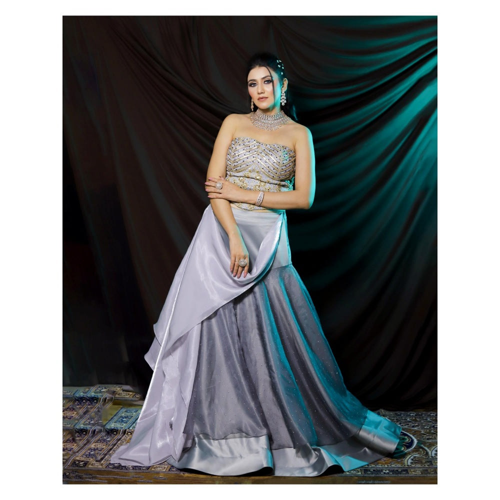Payal Dawar Grey Embroidered Corset Styled Blouse and Lehenga (Set of 2)