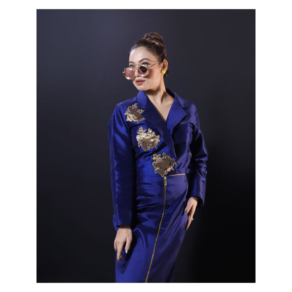 Payal Dawar Blue Embroidered Blazer and Skirt (Set of 2)