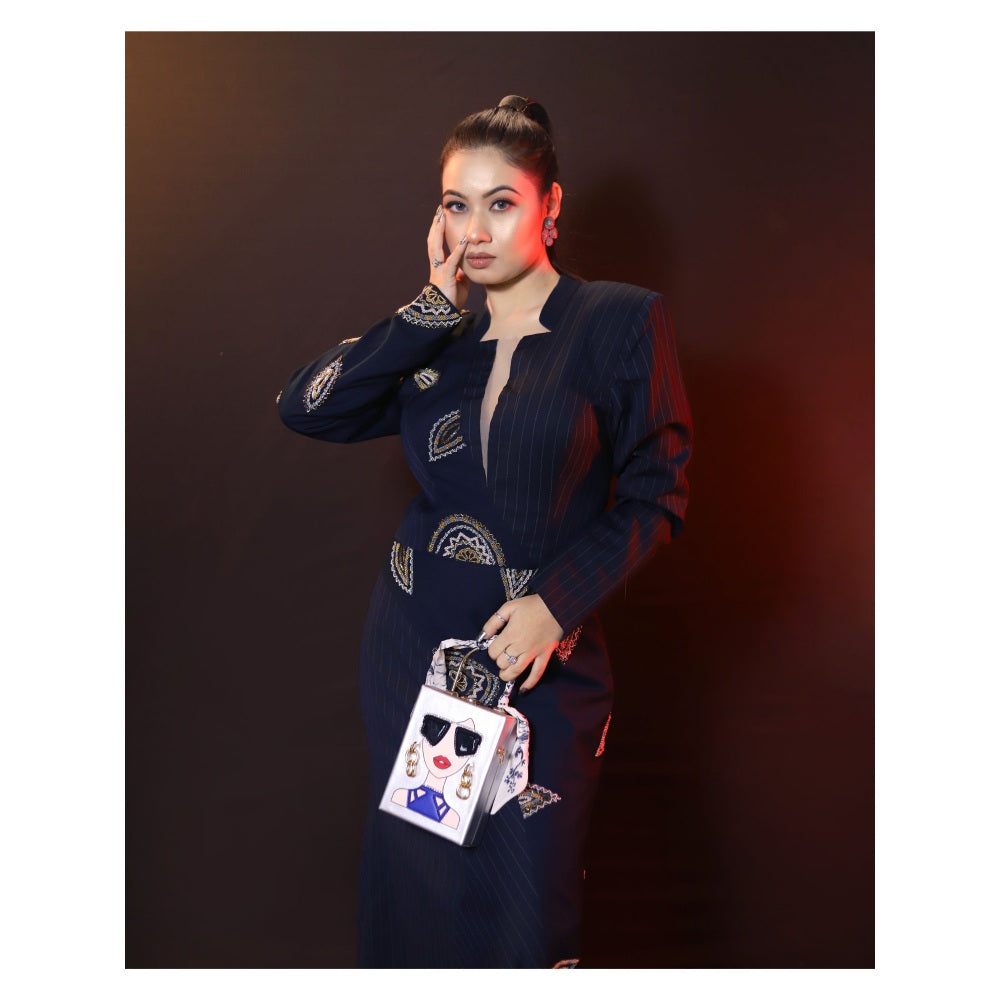 Payal Dawar Navy Blue Embroidered Bold Pannel Dress