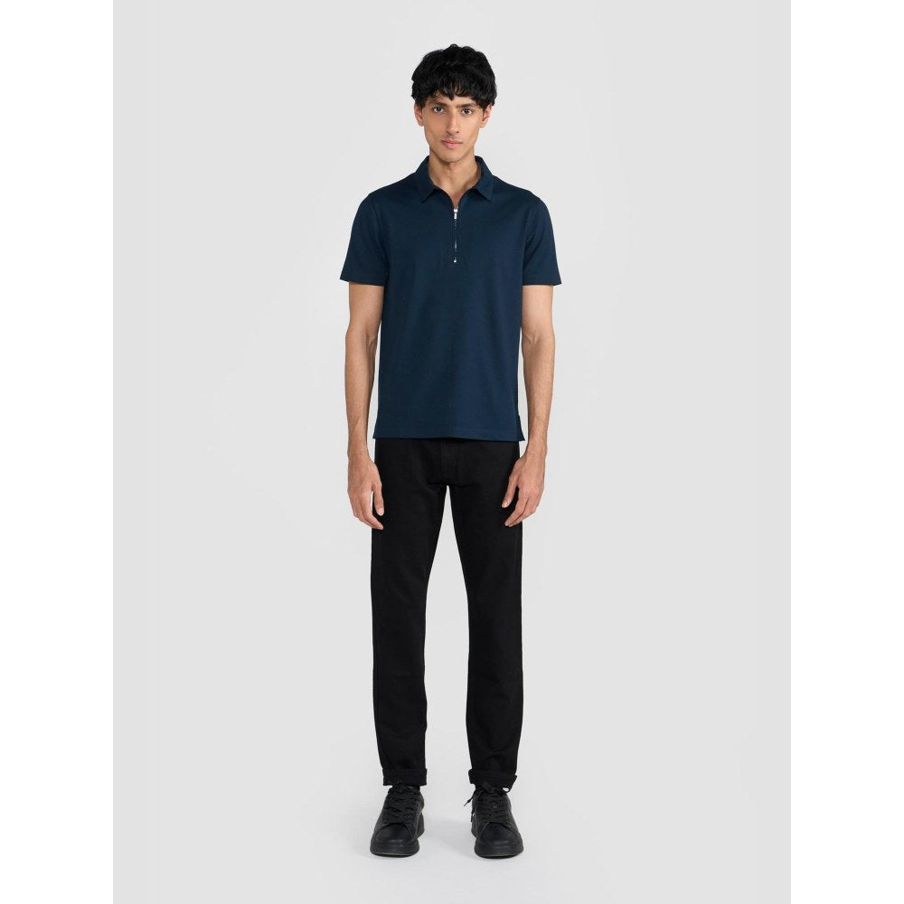 Perona Navy Blue Casper Polyester Collar Neck Solid/Plain Polo T-Shirt