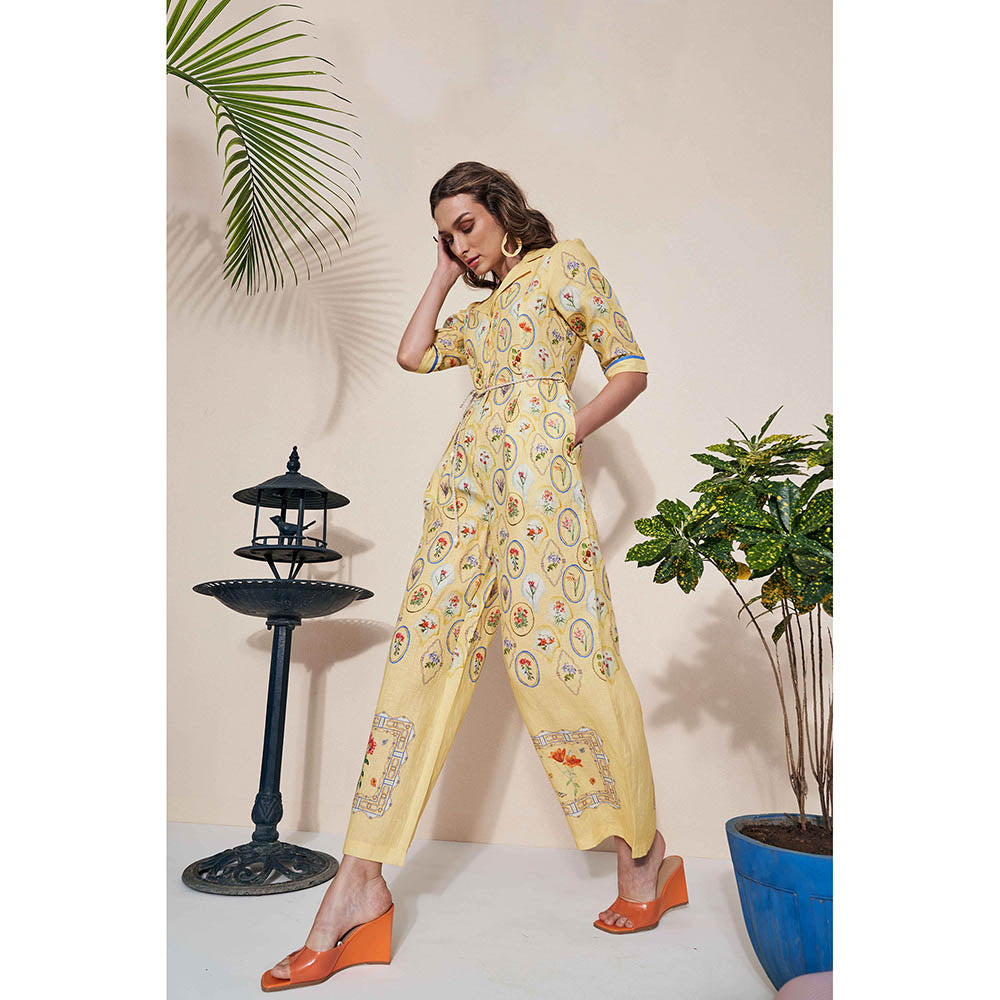 Pozruh By Aiman Moxie Printed Yellow Jumpsuit & Belt (Set of 2)