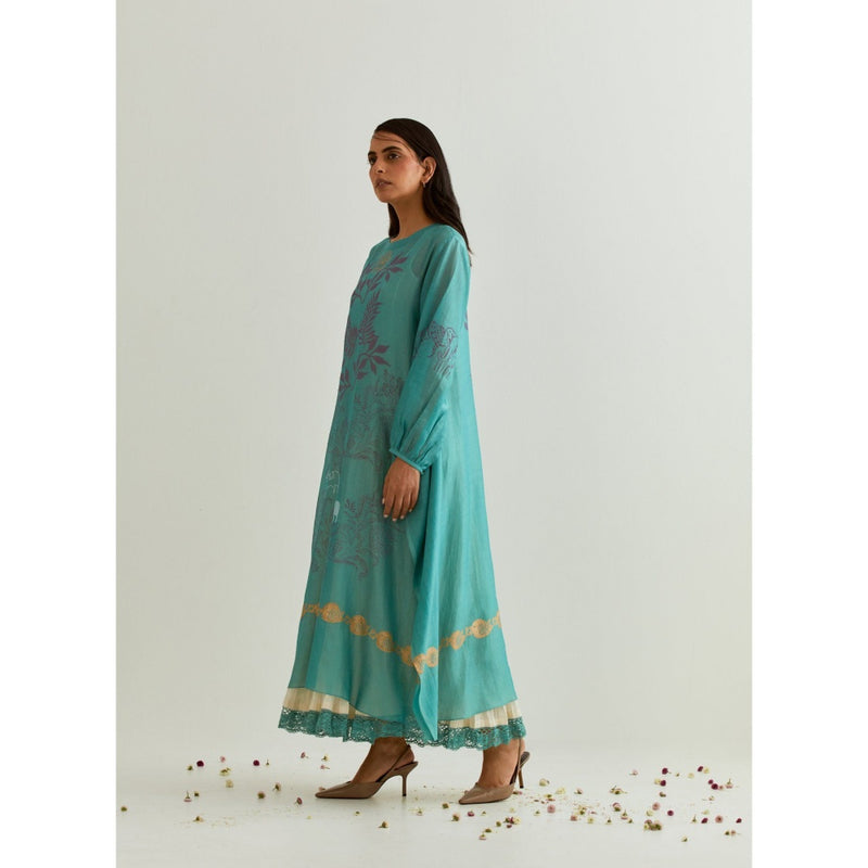 PRAMA By Pratima Pandey Floral Chanderi Blue Kurta with Inner (Set of 2)