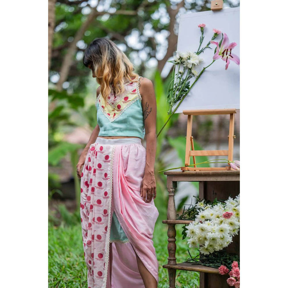 PRATHAA Set- In-Cut Blouse With Dhoti Drape Skirt - Snigdha