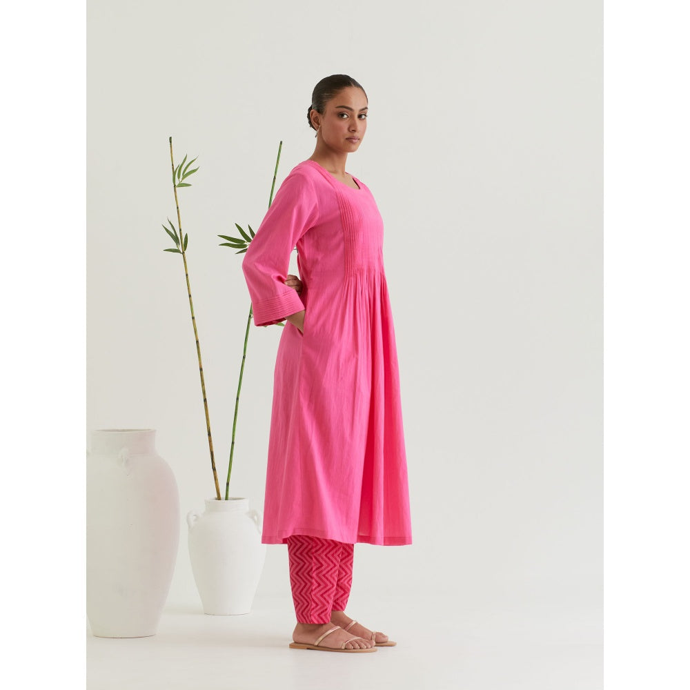 Priya Chaudhary Pink Flared Pleated Kurta with Pant (Set of 2)