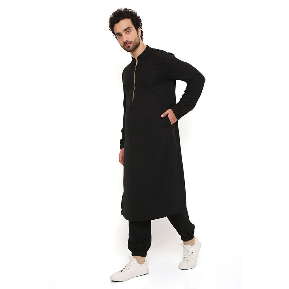 PS Men by Payal Singhal Black Soft Linen Bomber Kurta with Jogger Pant (Set of 2)